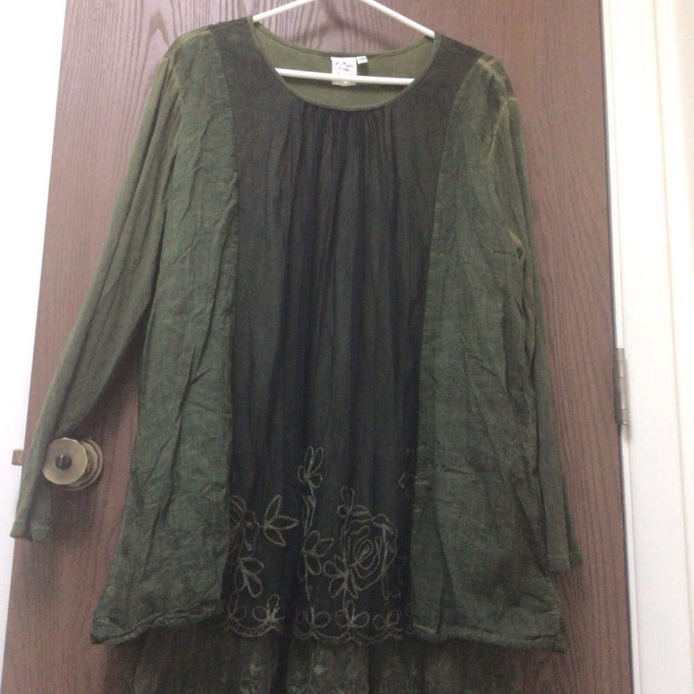 Parsley & Sage Olive tunic swing top 100% rayon, embroidered lace trim, sz XL